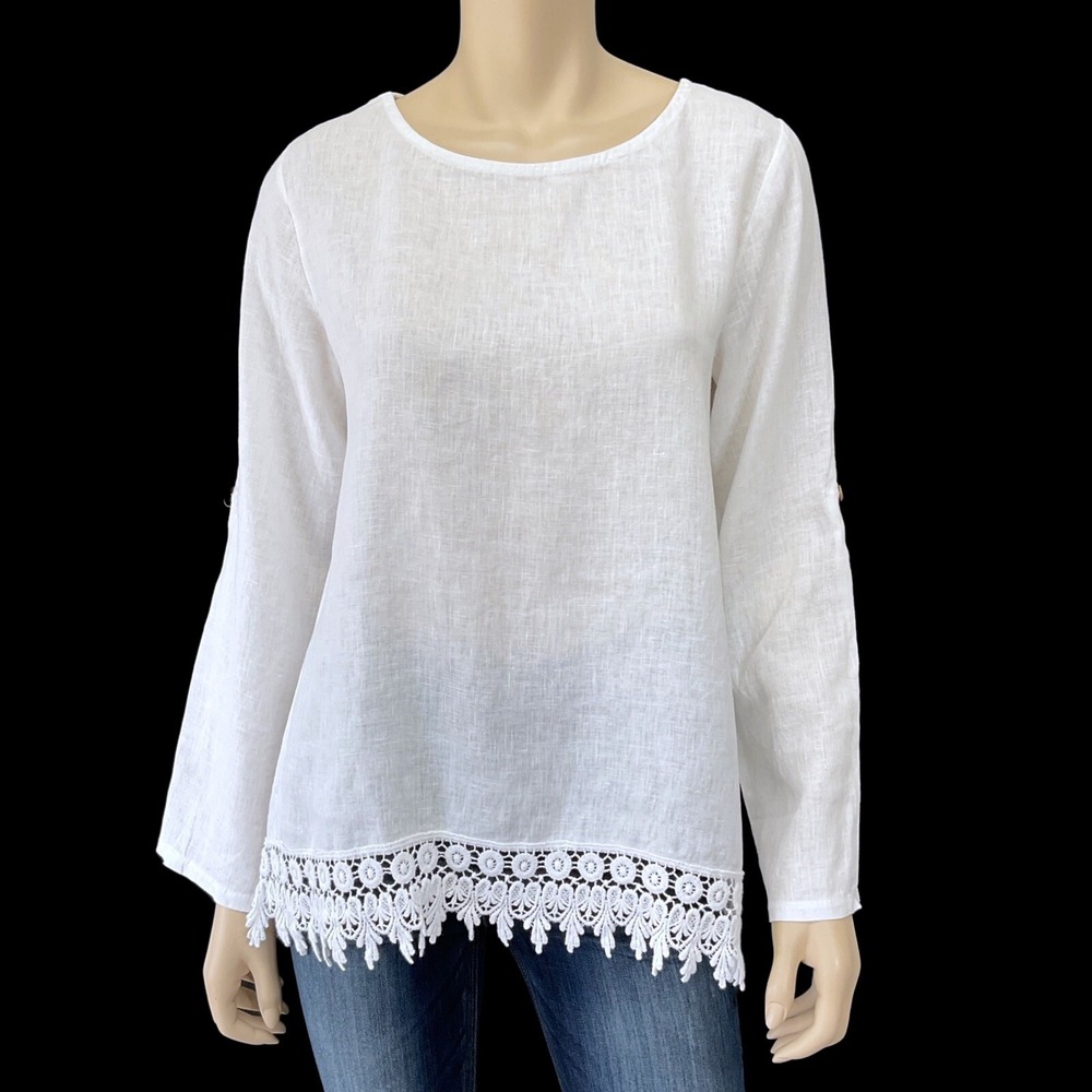 Terzo Millenio Top Women Small White Long Sleeve Linen Lagenlook Crocheted NWT